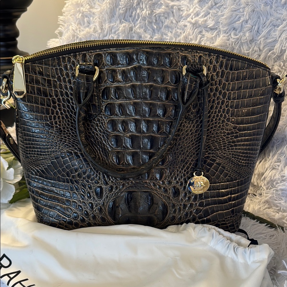 Brahmin Black and Gold Shoulder Bag with Crocodile Texture